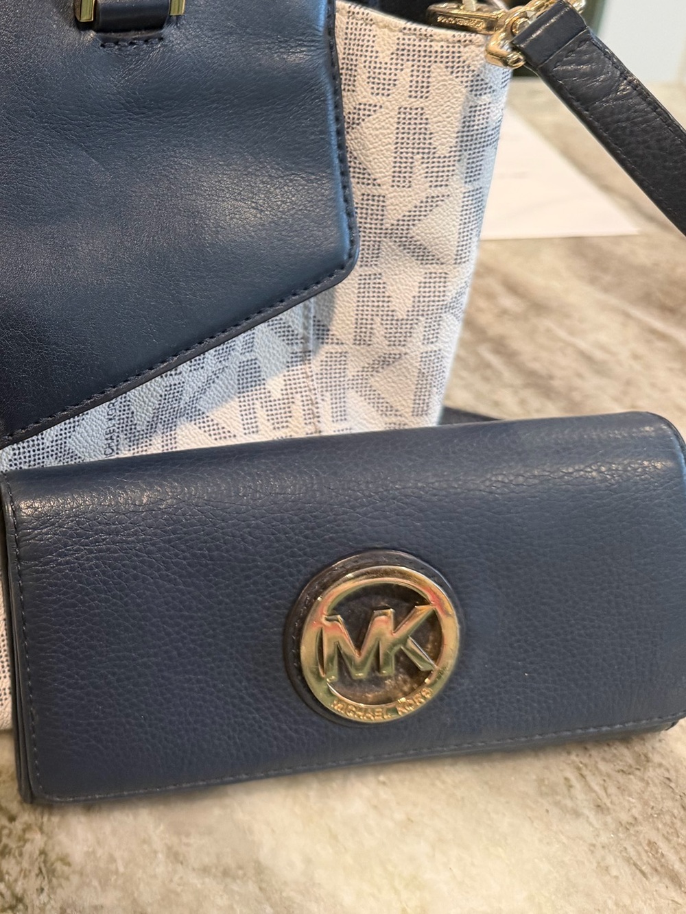 Michael Kors Navy Leather Wallet with Gold MK Medallion